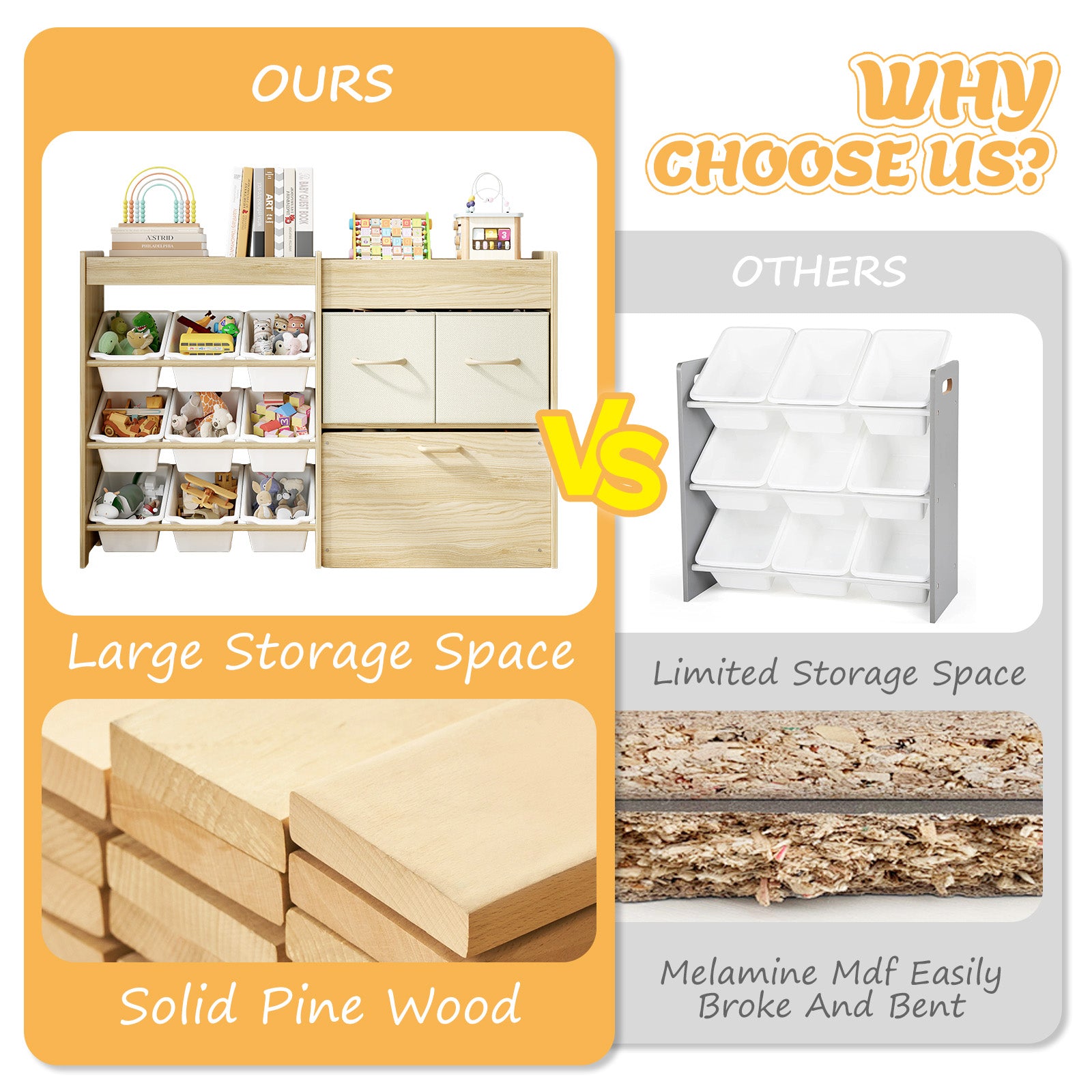 Solid Pine Wood Toy Organizer – Toy Storage with Bins and Drawers for Kids Room, Playroom, Nursery