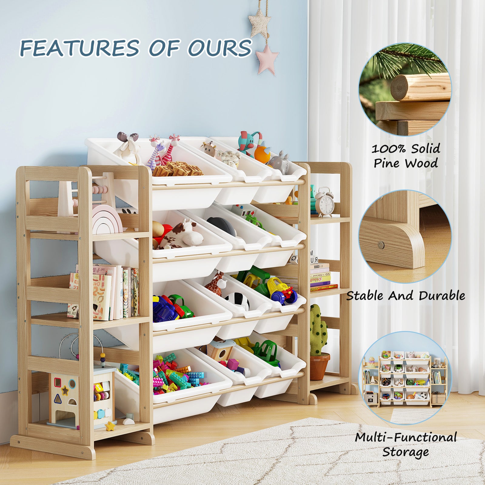 4 Shelves + 12 Storage Bins – All-in-One Toy Storage Organizer with Bookshelf for Kids Room