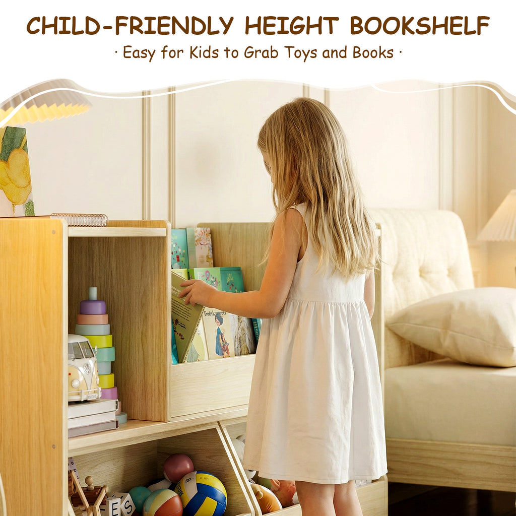 2-in-1 Kids Bookshelf with Storage Cubbies & 2 Wheeled Drawers (9605465604247)