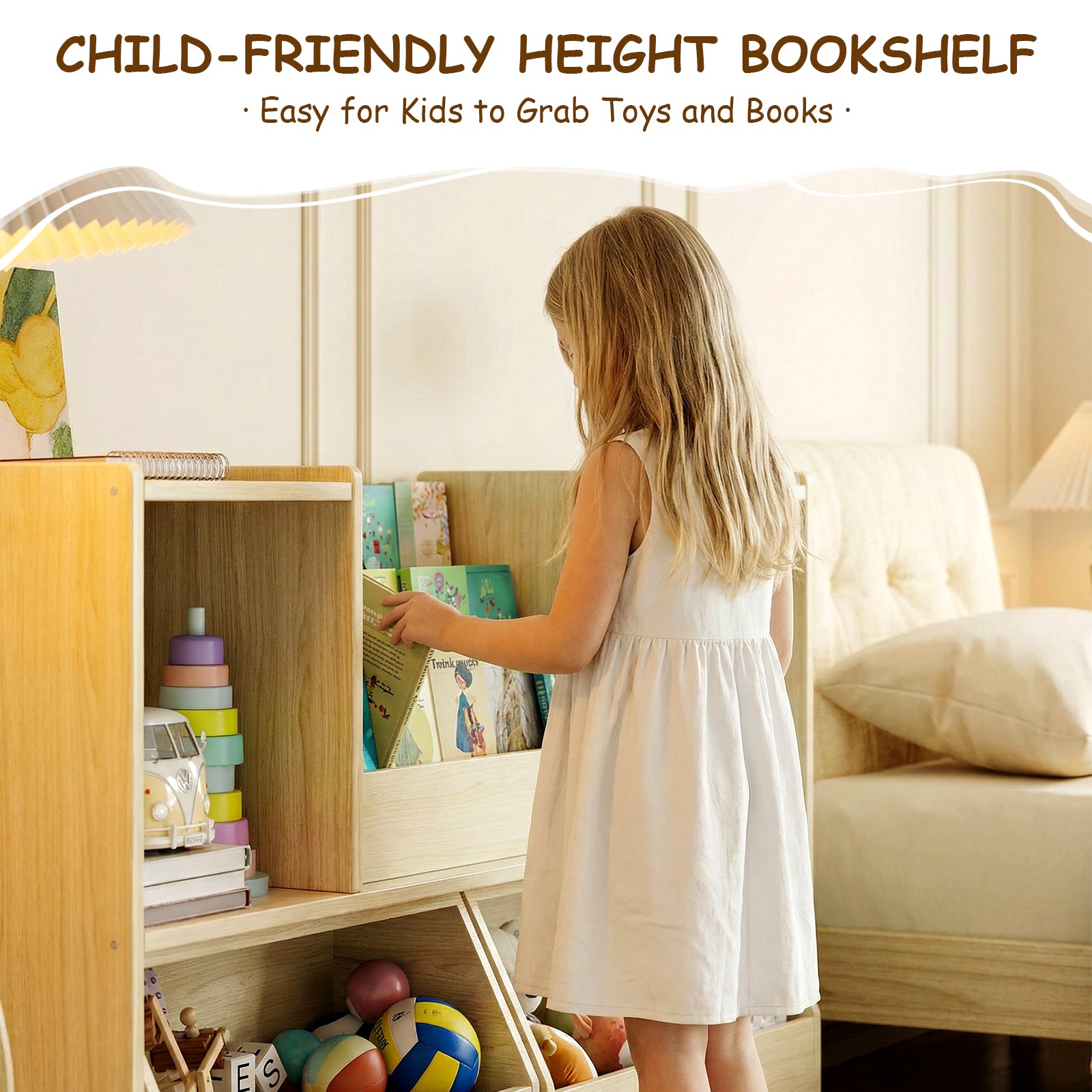 2-in-1 Kids Bookshelf with Storage Cubbies & 2 Wheeled Drawers (9605465604247)