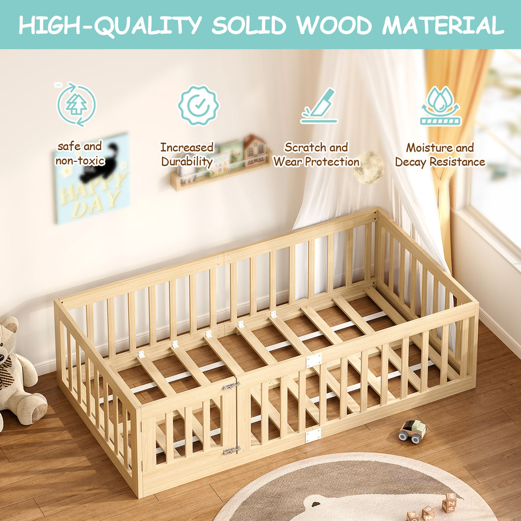 Twin Montessori Floor Bed with 10 Wood Slats and Guardrails (9642471063703)