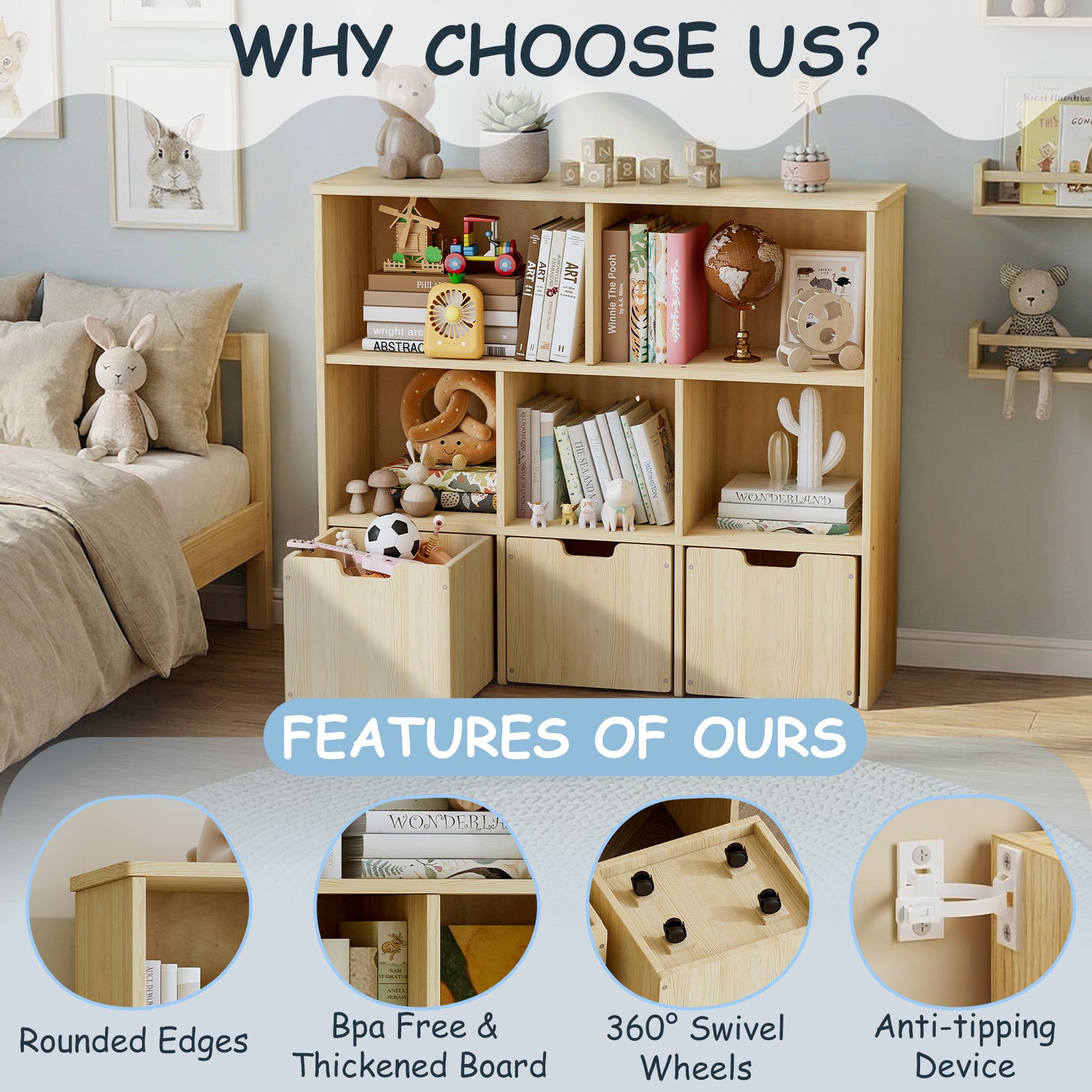 Toy Storage Organizer with 3 Rolling Drawers and 5 Storage Cubes (9615061876887)