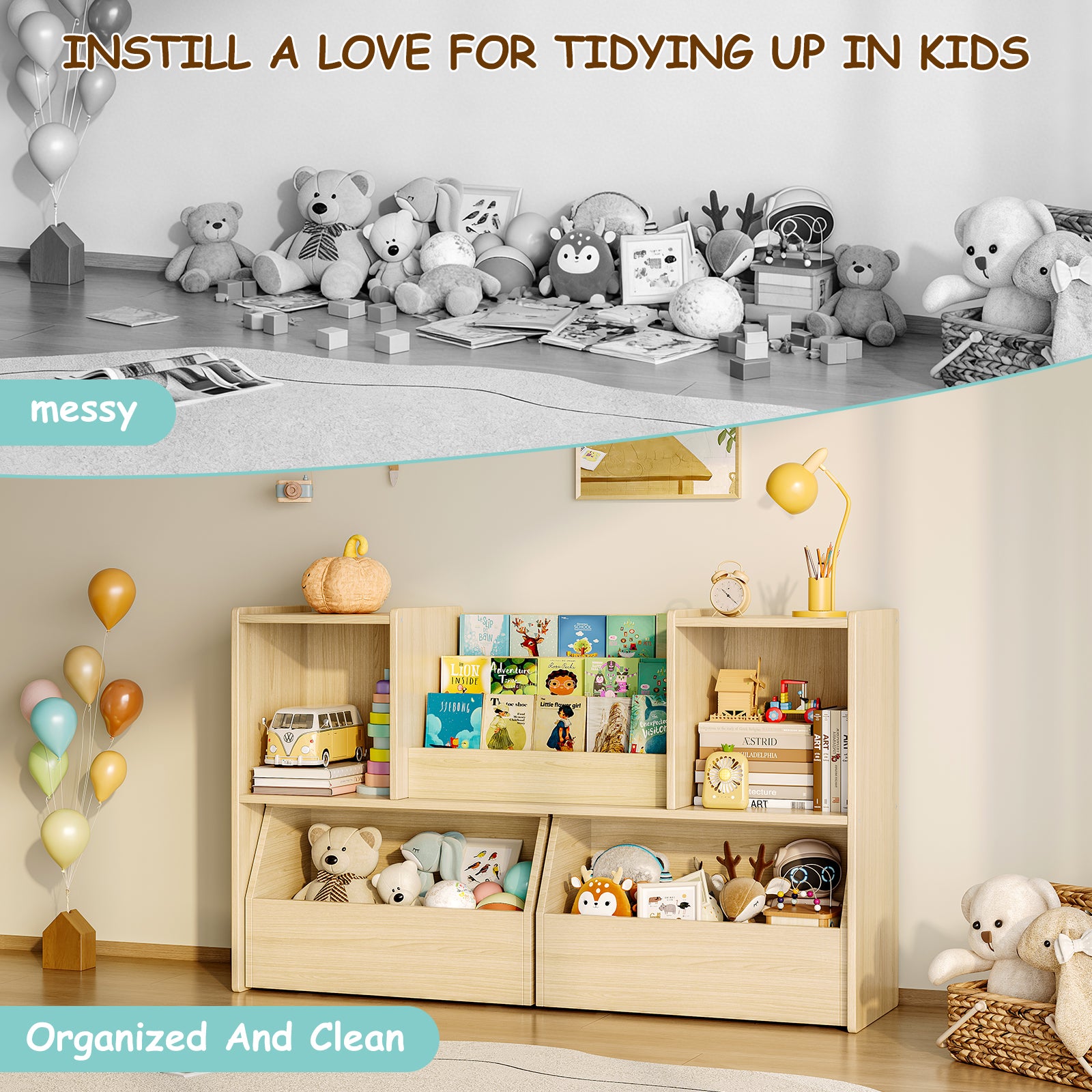 2-in-1 Kids Bookshelf with Storage Cubbies & 2 Wheeled Drawers (9605465604247)