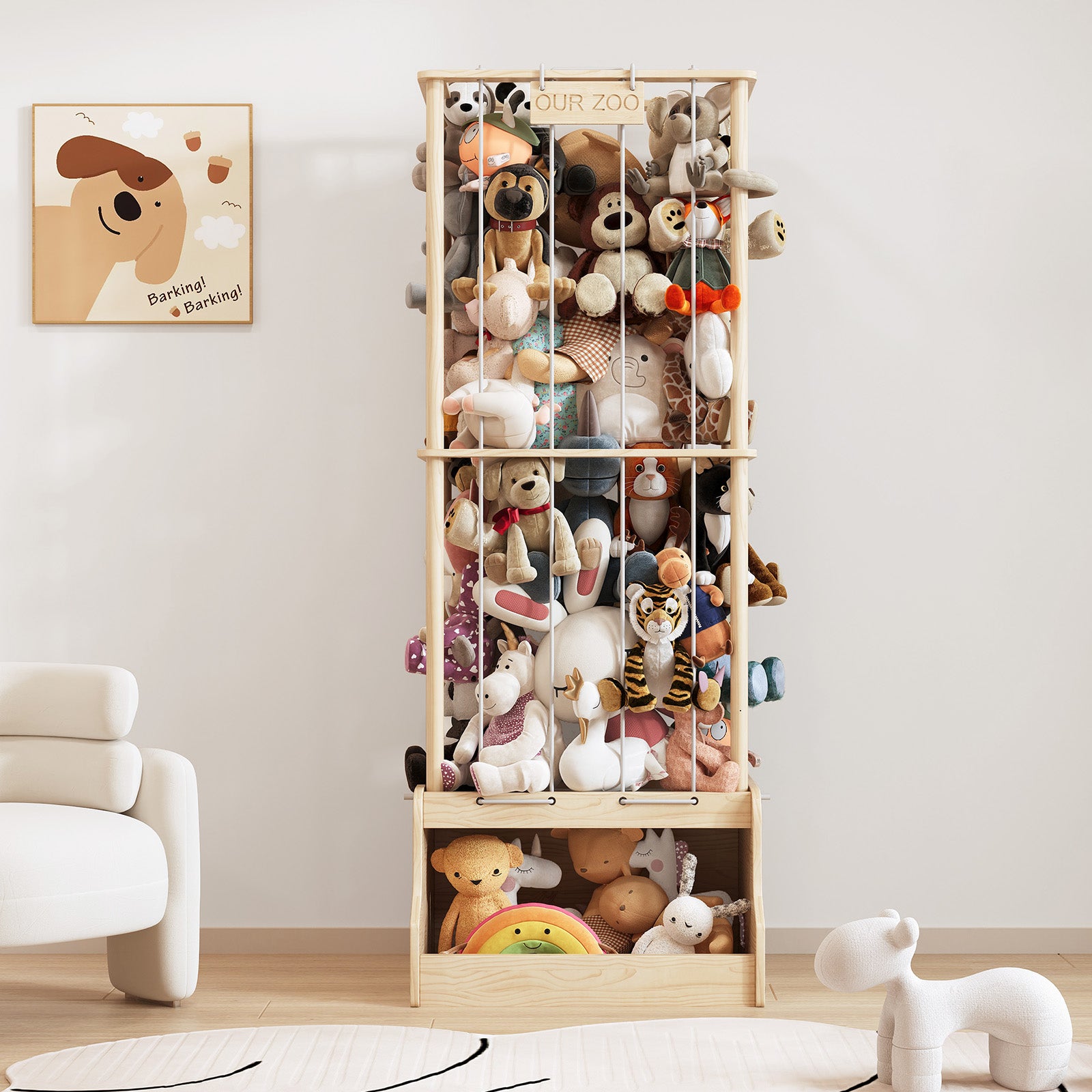 2-in-1 Stuffed Animal Storage – Solid Wood with Cube Base & Elastic Rope, Space-Saving for Playroom