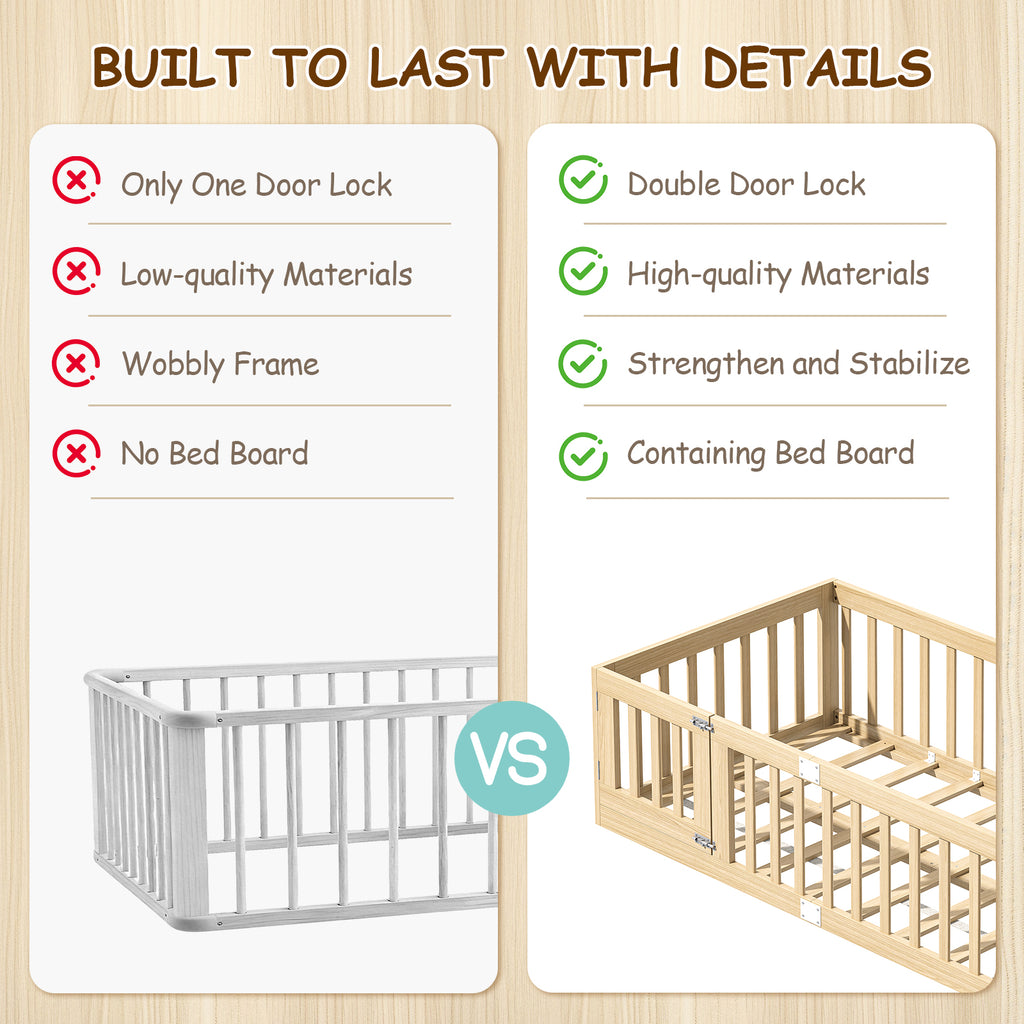 Twin Montessori Floor Bed with 10 Wood Slats and Guardrails (9642471063703)