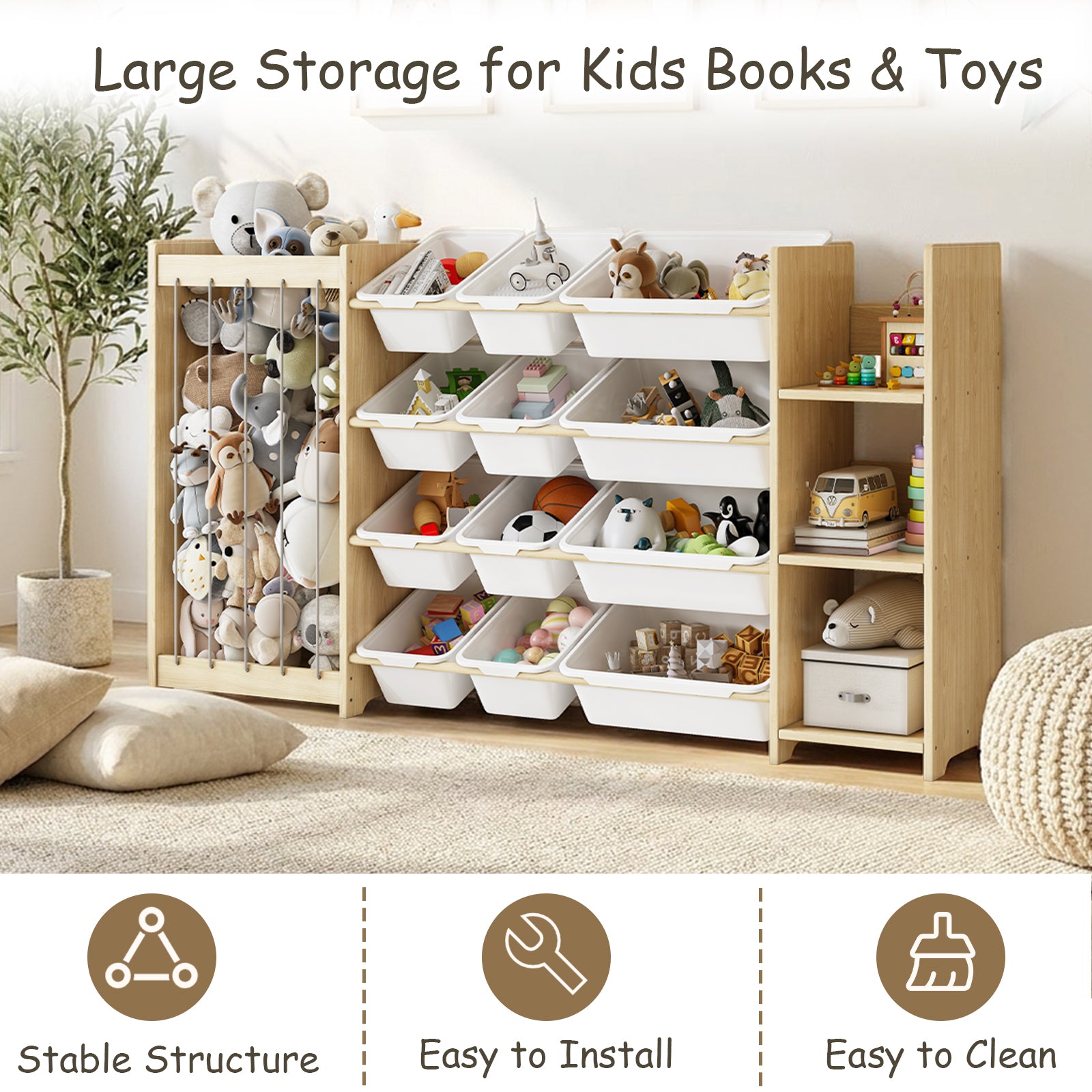 3-in-1 Kids Wooden Storage Bookshelf with 12 Bins (9615053619351)