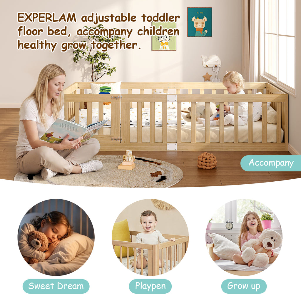 Twin Montessori Floor Bed with 10 Wood Slats and Guardrails (9642471063703)