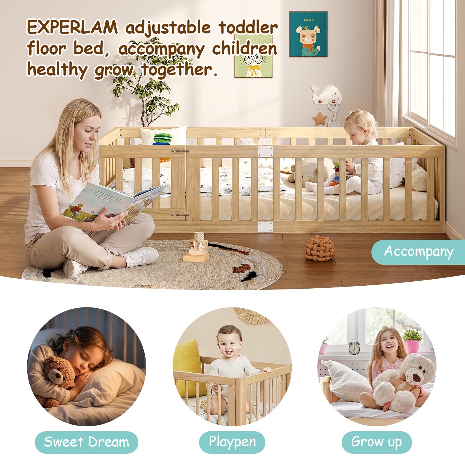 Twin Montessori Floor Bed with 10 Wood Slats and Guardrails (9642471063703)