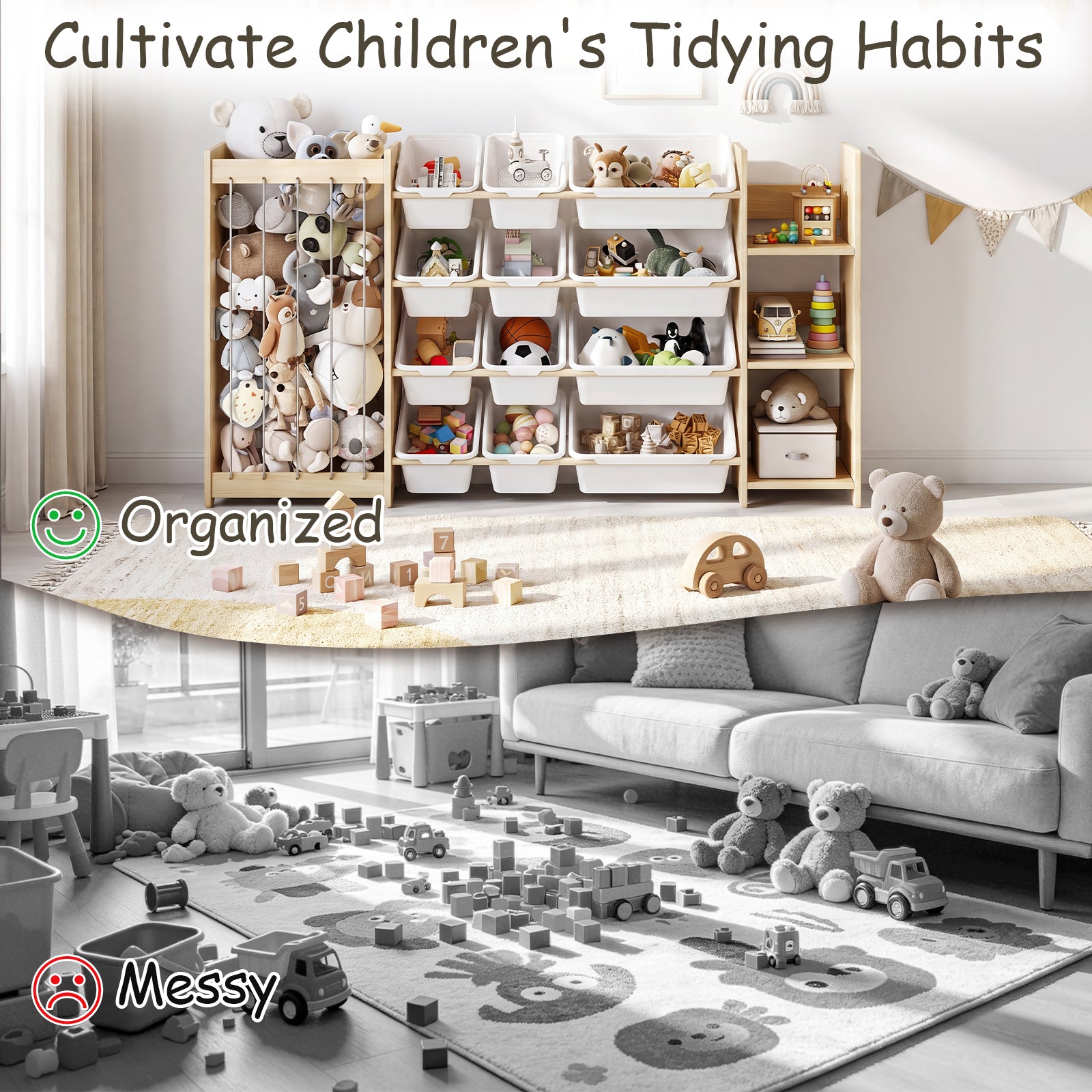 3-in-1 Kids Wooden Storage Bookshelf with 12 Bins (9615053619351)
