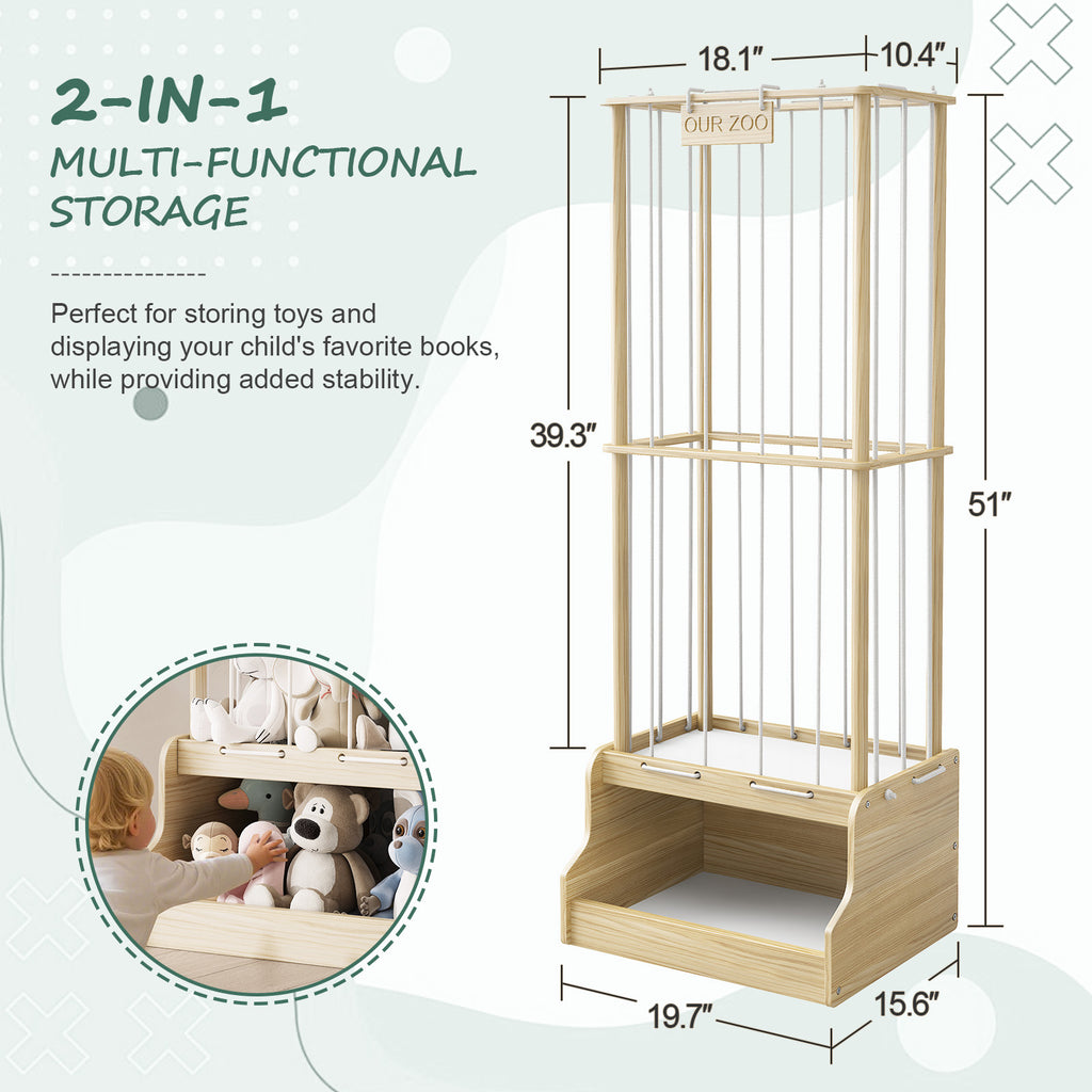 2-in-1 Stuffed Animal Storage – Solid Wood with Cube Base & Elastic Rope, Space-Saving for Playroom