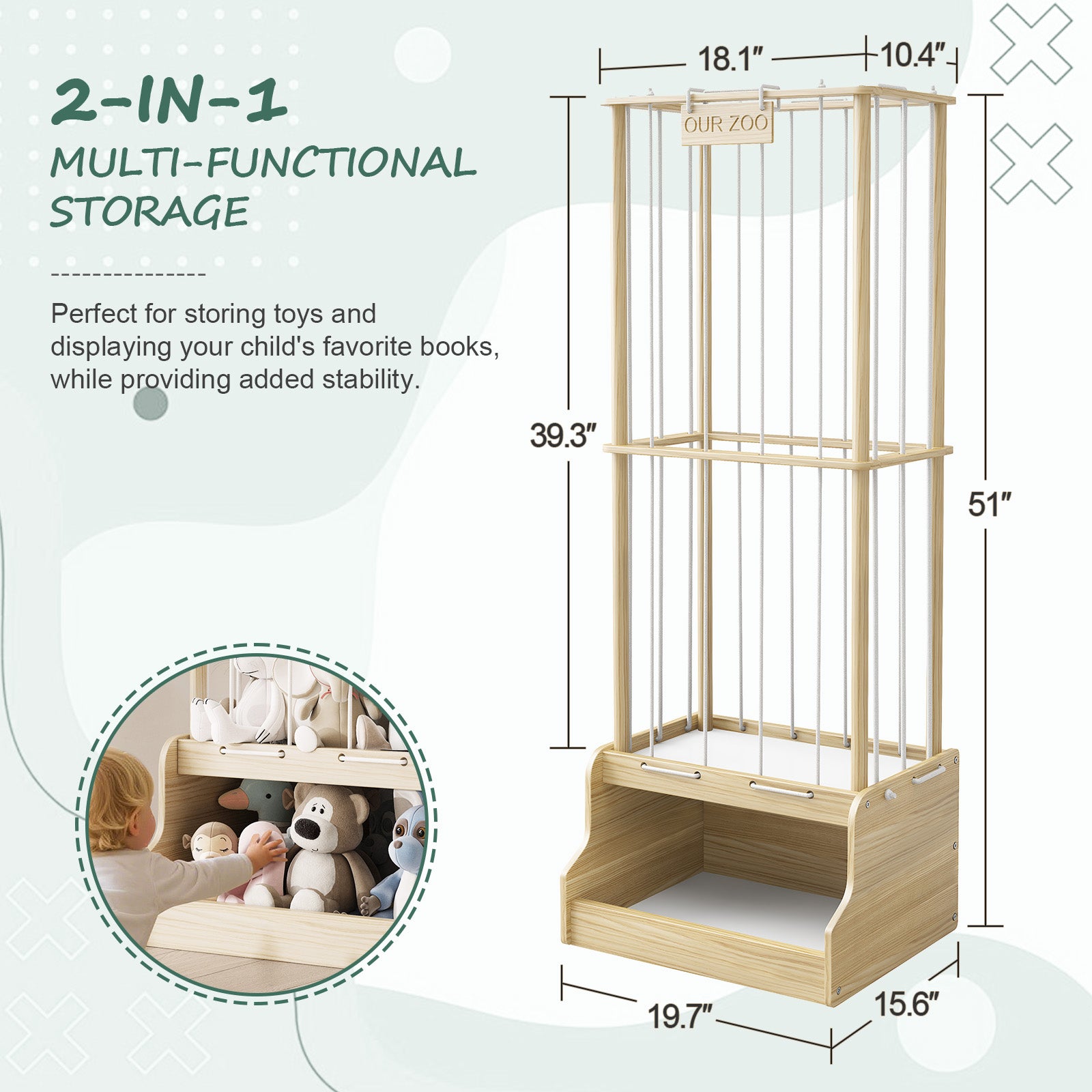 2-in-1 Stuffed Animal Storage – Solid Wood with Cube Base & Elastic Rope, Space-Saving for Playroom