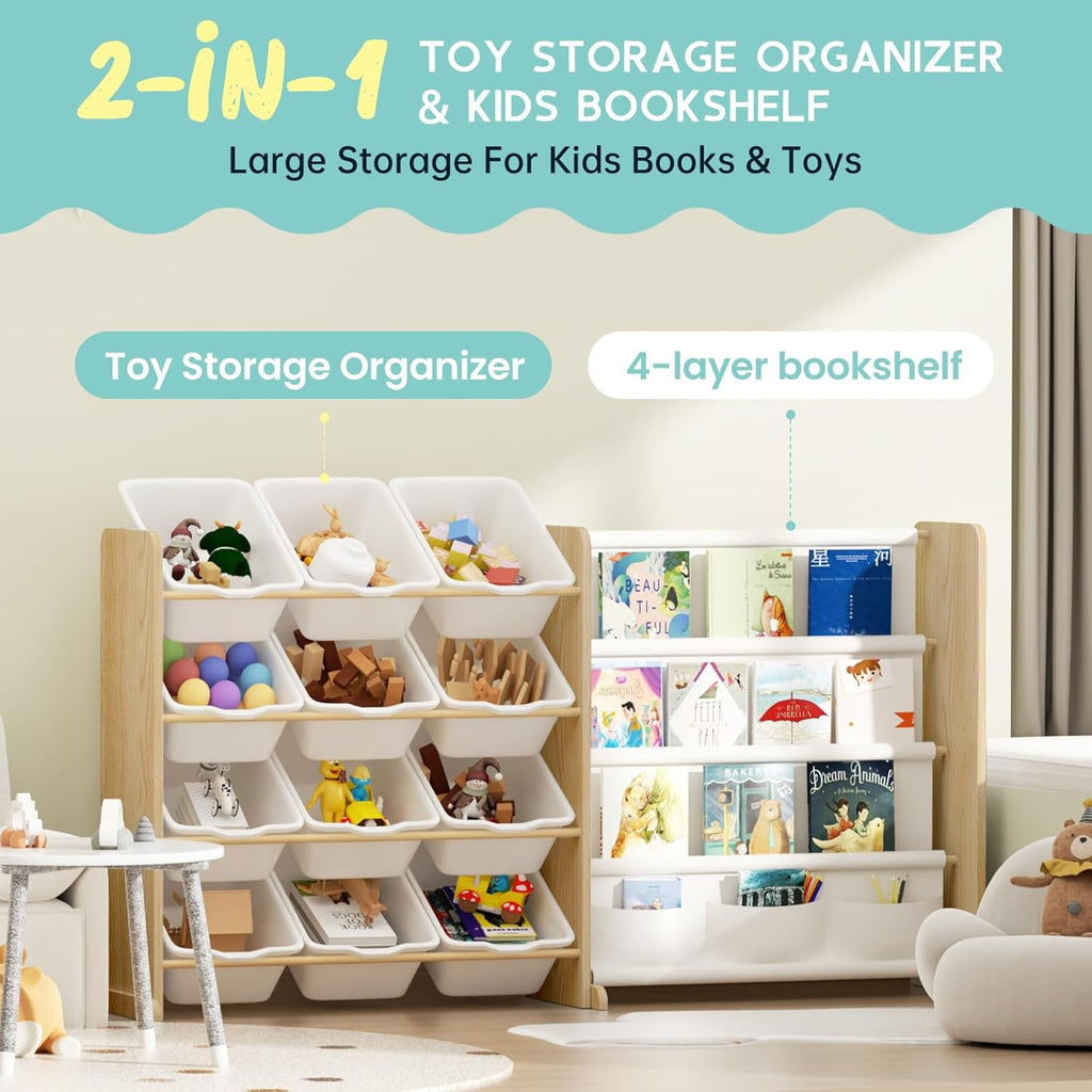 12-Bin Kids Toy Storage Organizer with Bookshelf (9641571582103)