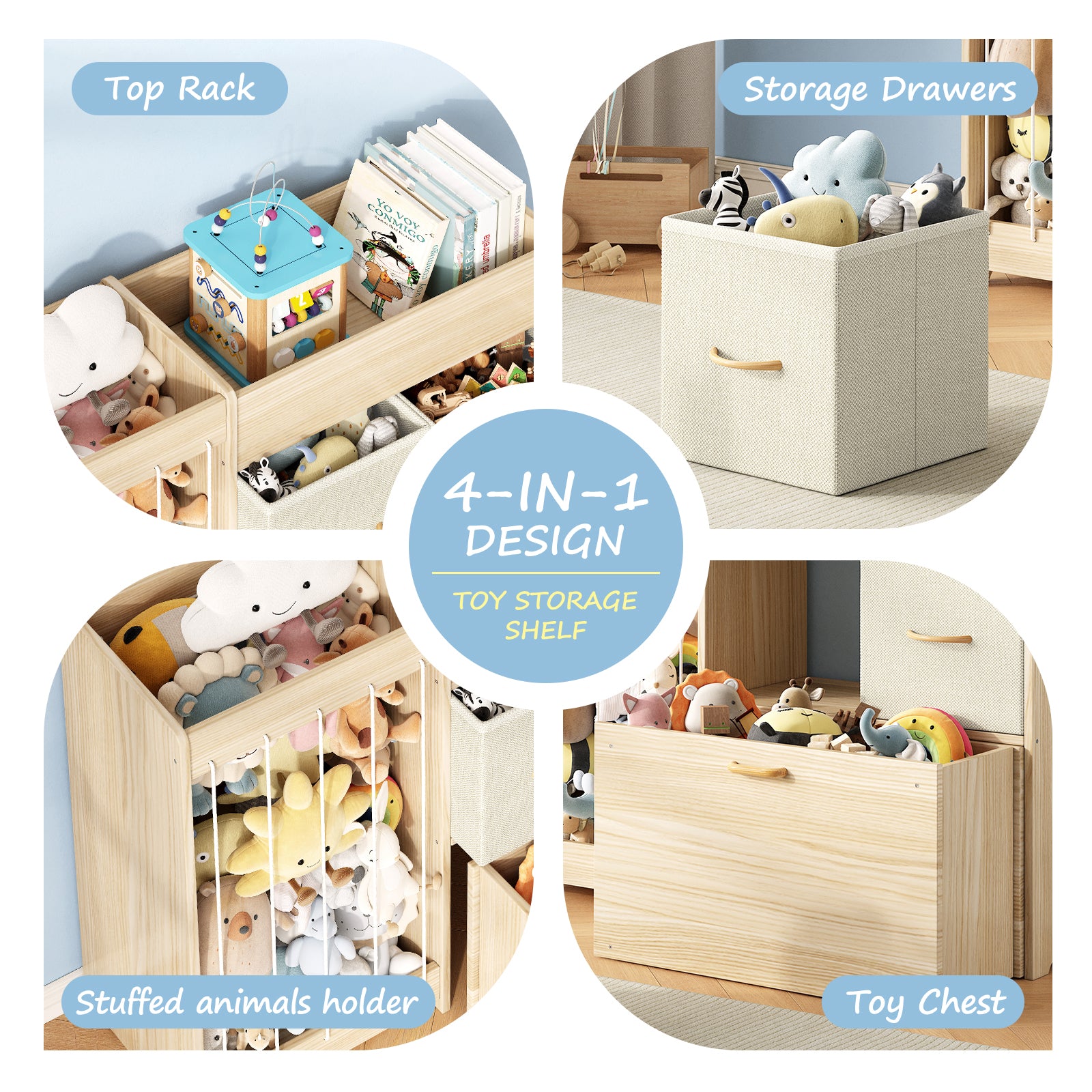 4-in-1 Rolling Wooden Toy Storage with Wheels (9605485101207)