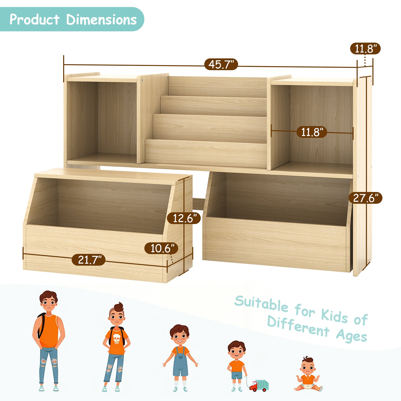 2-in-1 Kids Bookshelf with Storage Cubbies & 2 Wheeled Drawers (9605465604247)