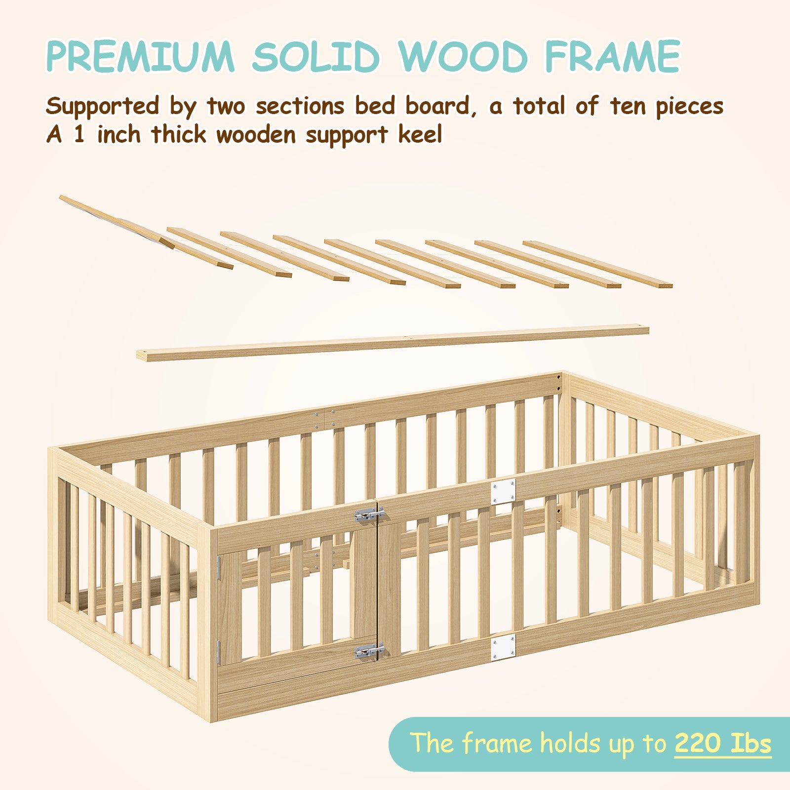 Twin Montessori Floor Bed with 10 Wood Slats and Guardrails (9642471063703)