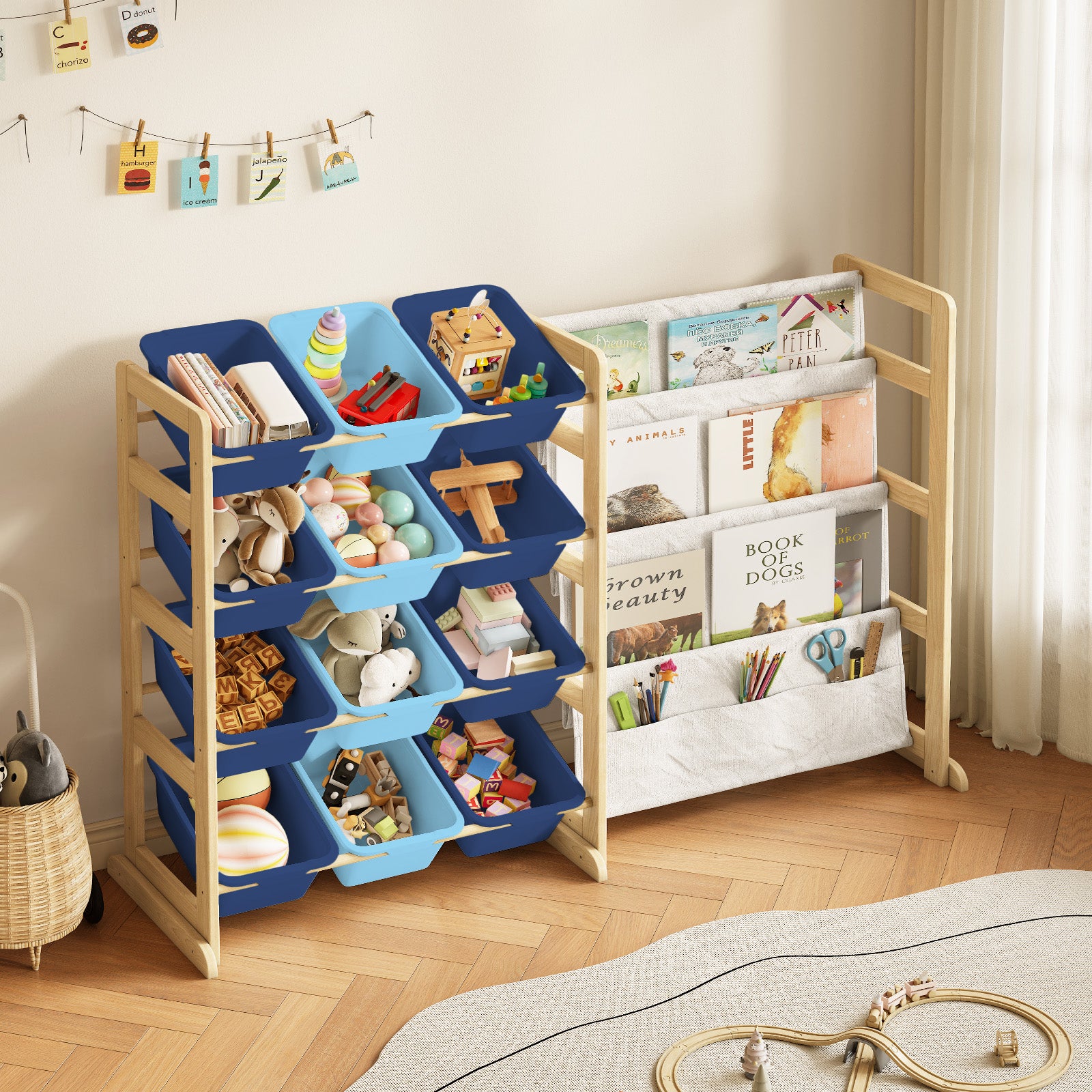 Kids bookcase and Storage Shelf with 12 White Bins (9618650464407)