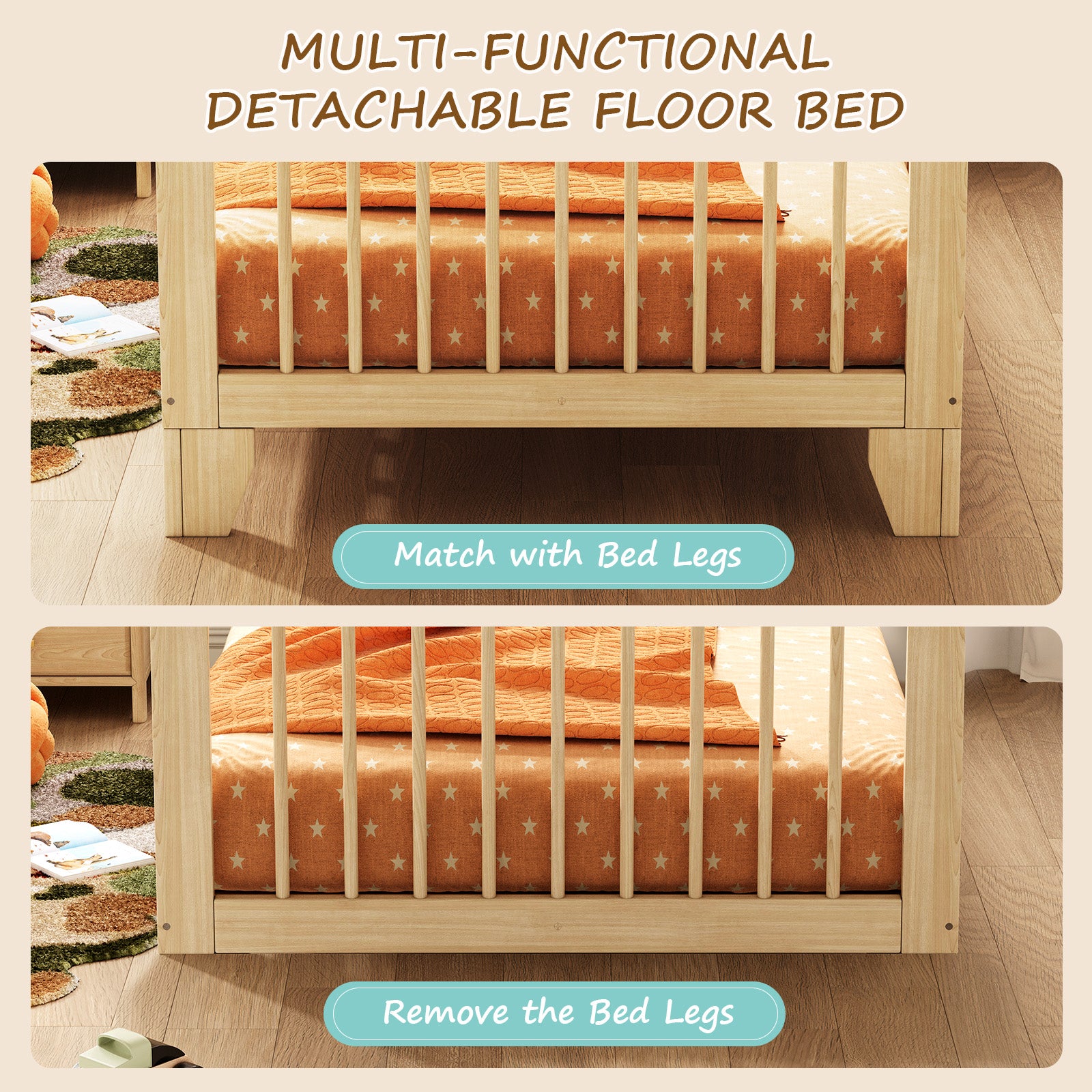 Floor Bed with Guardrail, Twin Size for Toddlers (9570720612503)
