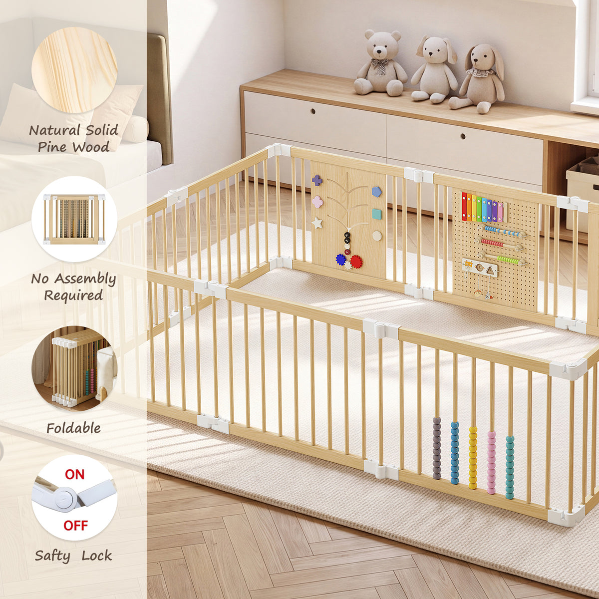 10-Panel Foldable Wooden Baby Playpen with Activity Panels (9706605281431)