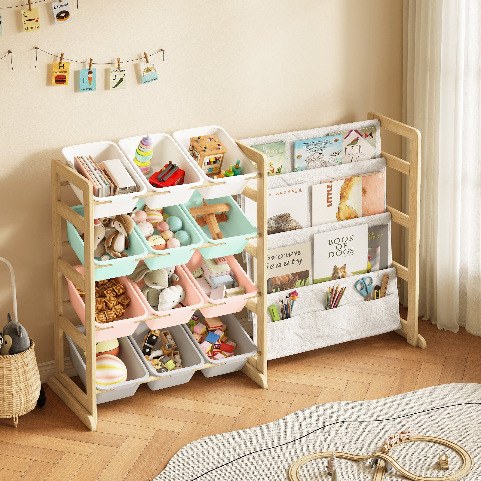 Kids bookcase and Storage Shelf with 12 White Bins (9618650464407)