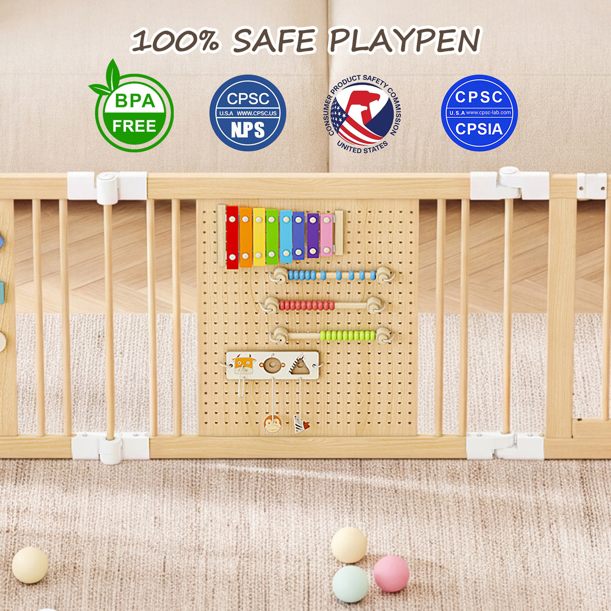 10-Panel Foldable Wooden Baby Playpen with Activity Panels (9706605281431)