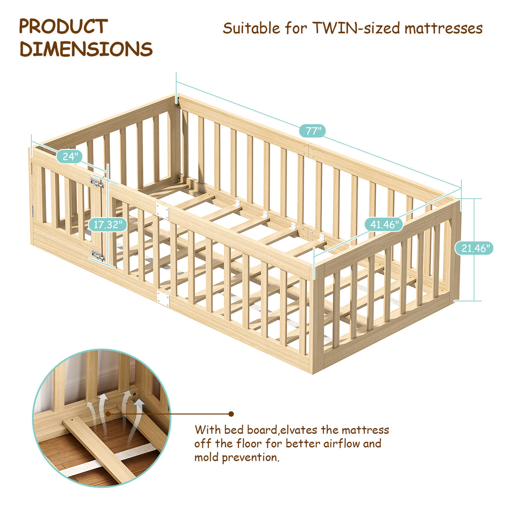 Twin Montessori Floor Bed with 10 Wood Slats and Guardrails (9642471063703)