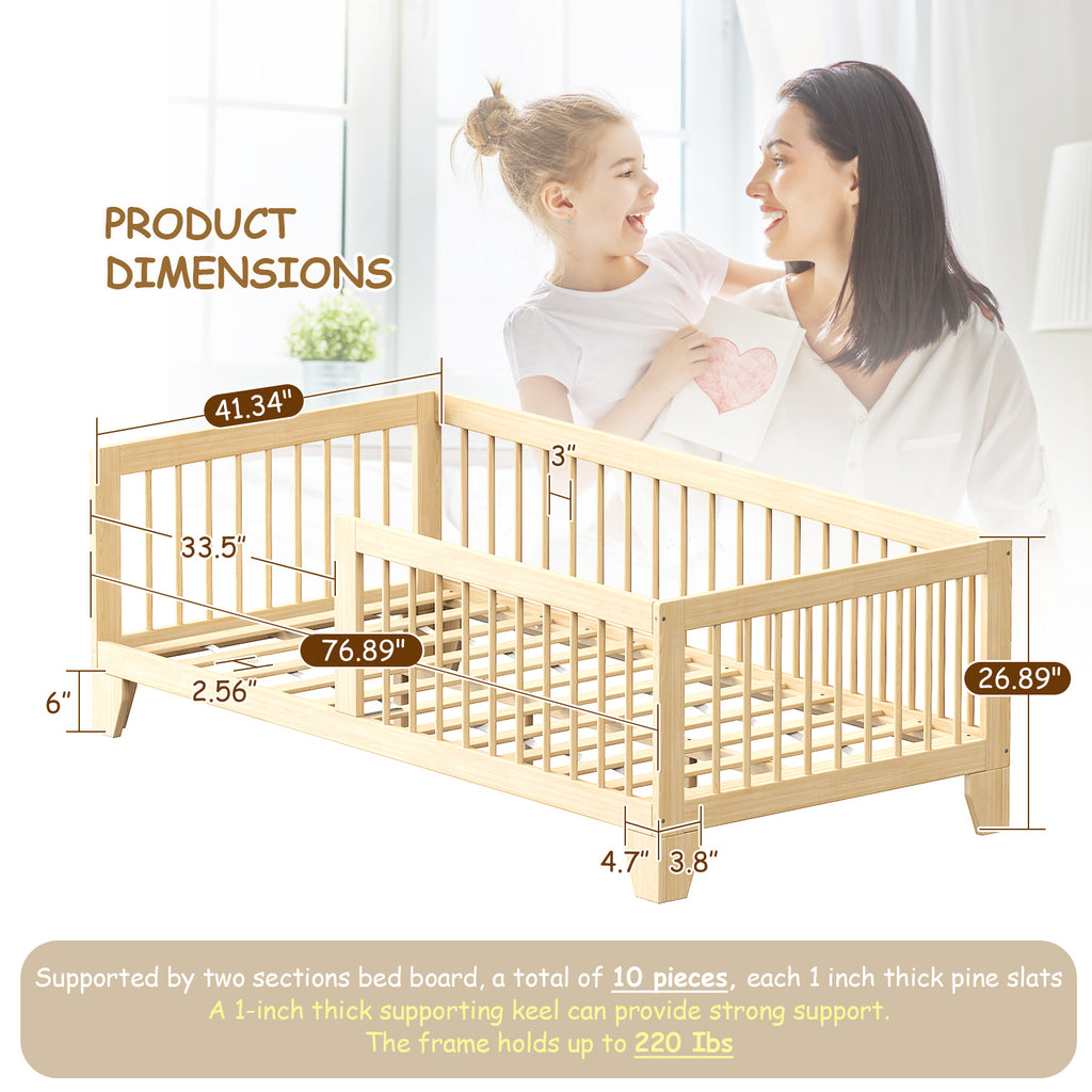 Wooden 3-in-1 Montessori Toddler Floor Bed with Guard Rails (9570720612503)