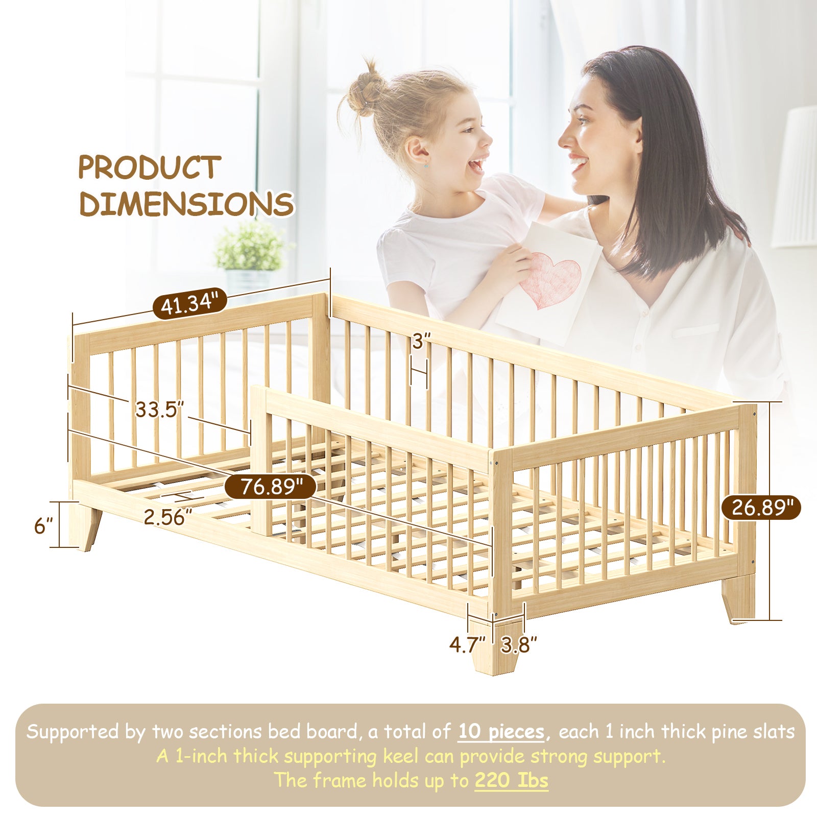 Wooden 3-in-1 Montessori Toddler Floor Bed with Guard Rails (9570720612503)