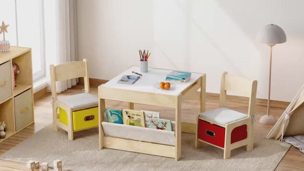 Kids Table and Chairs Set with Blackboard & Storage Drawer