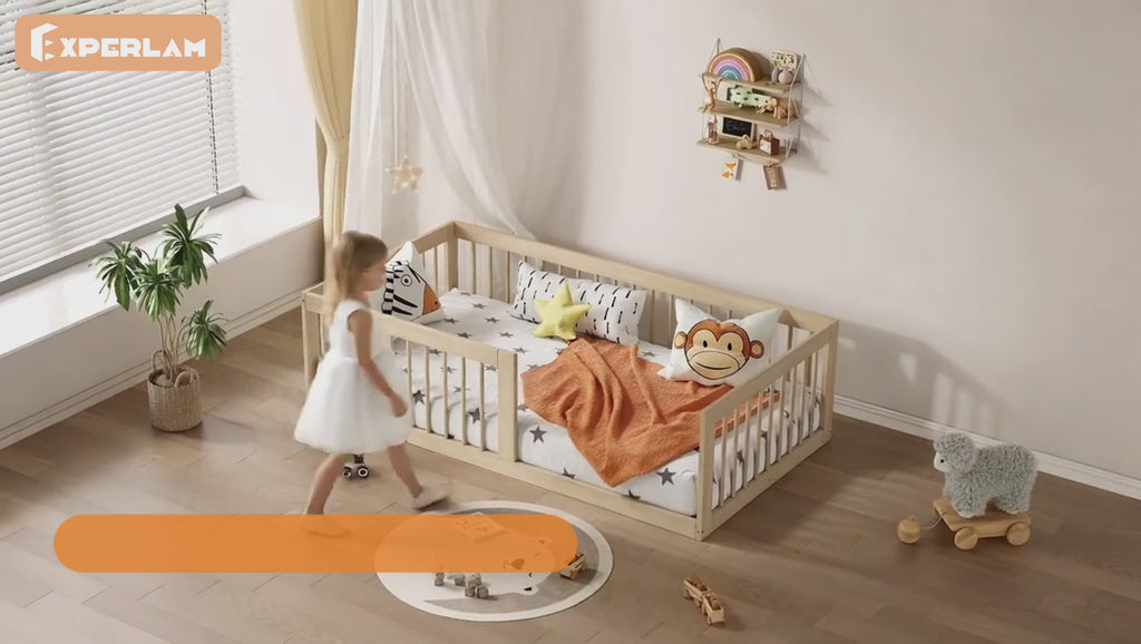 Wooden 3-in-1 Montessori Toddler Floor Bed with Guard Rails
