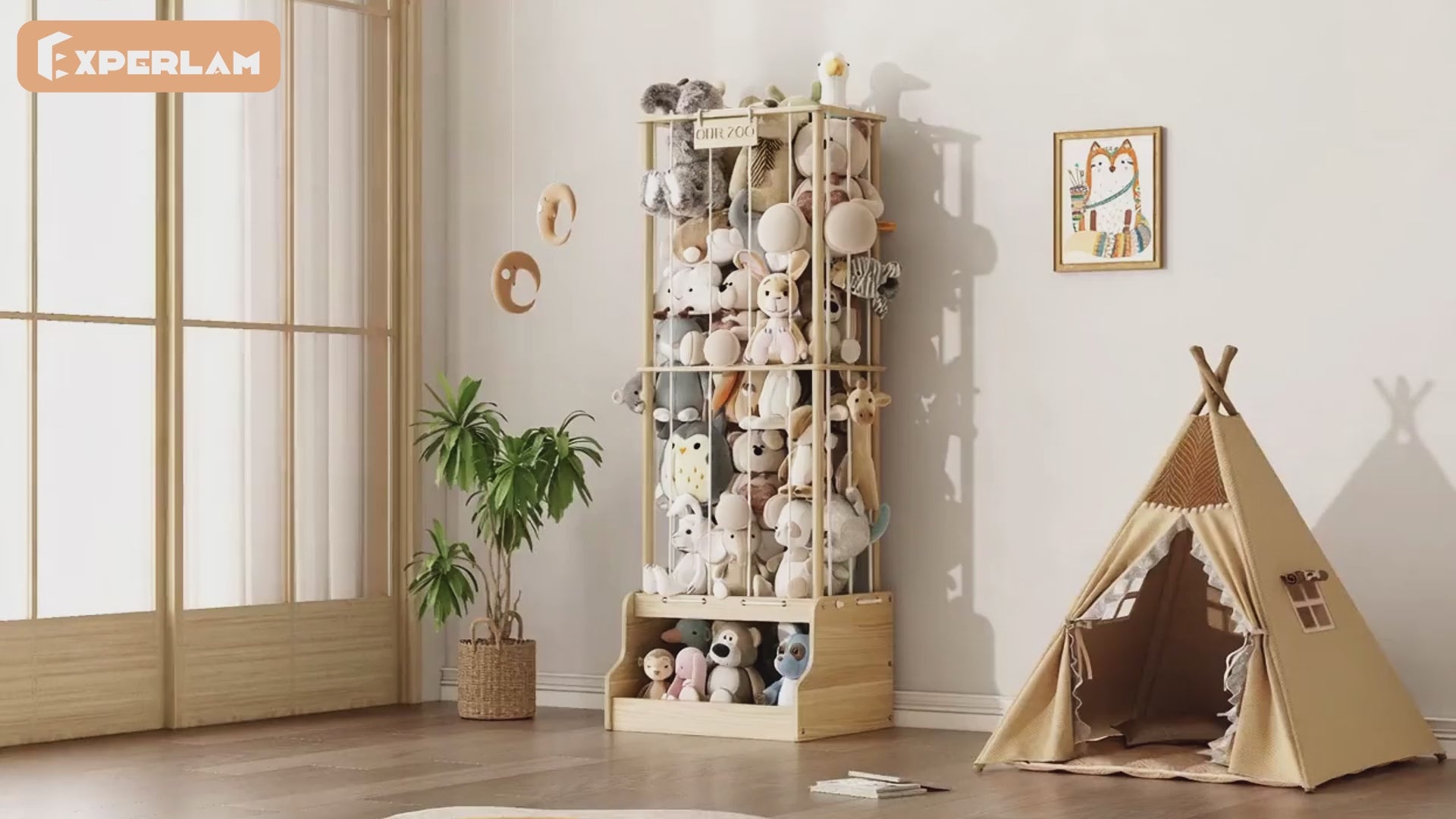 2-in-1 Stuffed Animal Storage with Cube Base & Elastic Rope